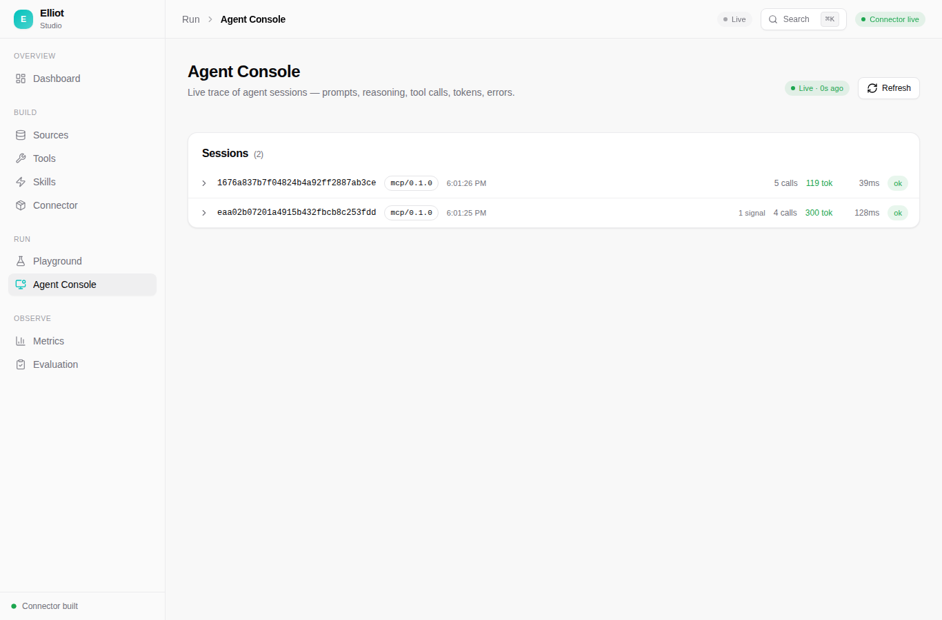 Agent Console — a live trace of every session