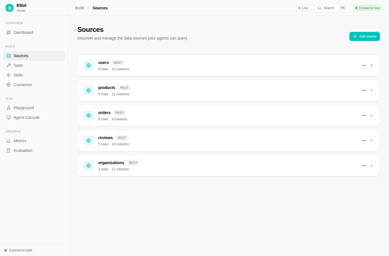 Sources — REST, PostgreSQL, MySQL, and files
