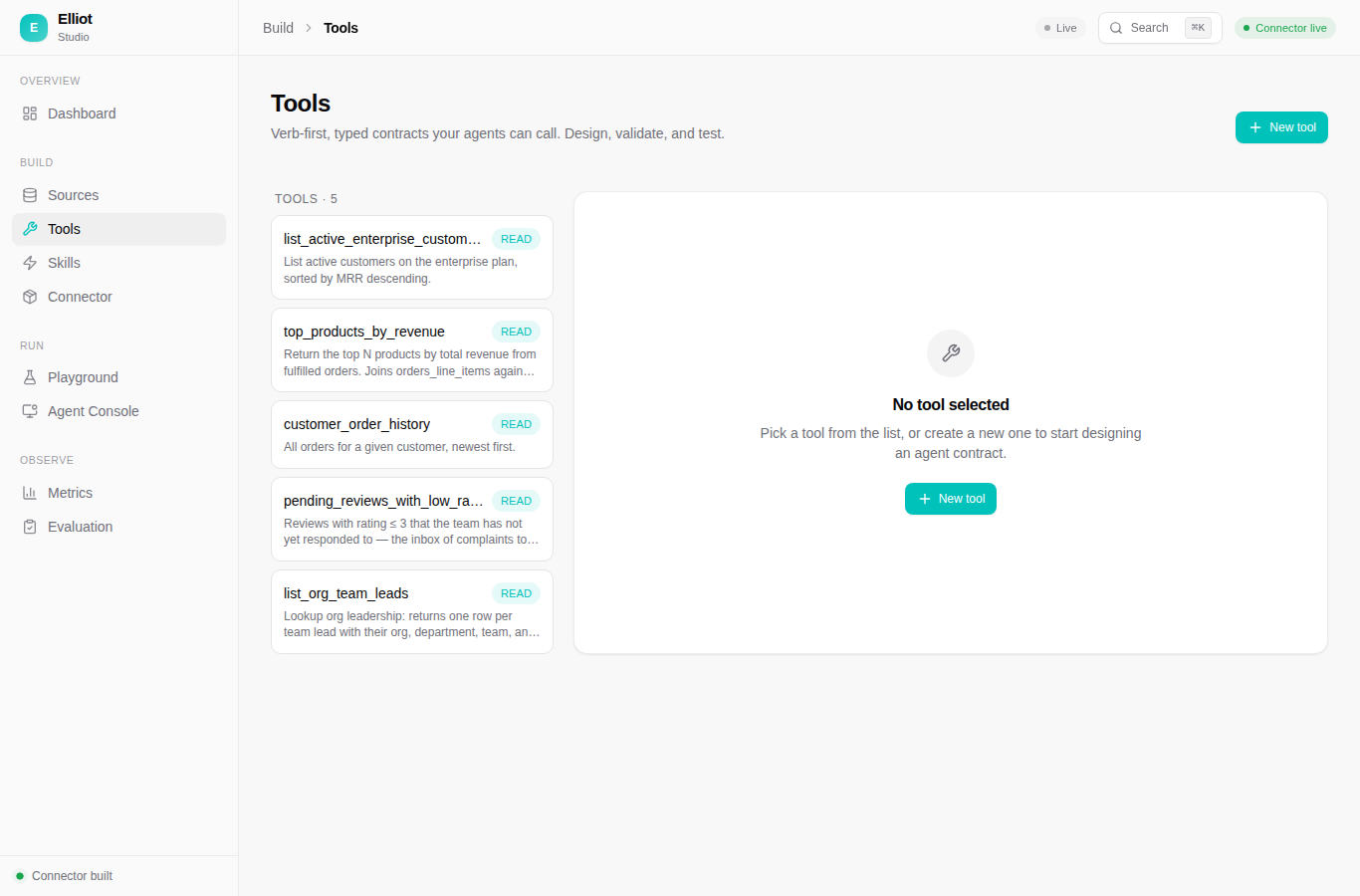 Tools — verb-first, typed contracts your agents call